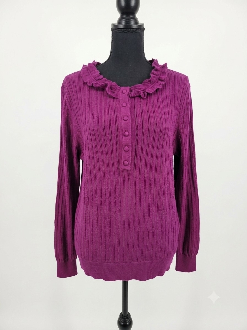 Talbots Purple Ruffled Collar Button-Front Sweater